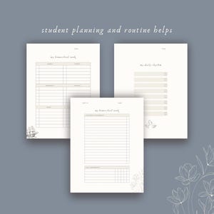 May include: Three cream-colored printable planner pages with text and illustrations. The top page is labeled "my homeschool week" with a weekly schedule. The right page is labeled "my daily rhythm" with checklist boxes. The bottom page is labeled "my homeschool week". The text "student planning and routine helps" is at the top.