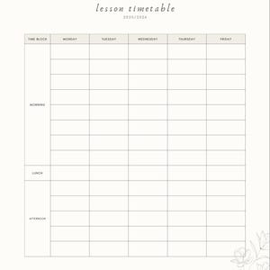 May include: A lesson timetable for 2025/2026, featuring a grid layout with time blocks for each day of the week. The title is in a delicate script font. The design includes floral illustrations in the bottom right corner, all on a cream background.