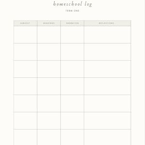 May include: A cream-colored homeschool log with a grid layout for weekly tracking. The title "homeschool log" is in a cursive font, with "Term One" below. Sections include Subject, Readings, Narration, and Reflections.
