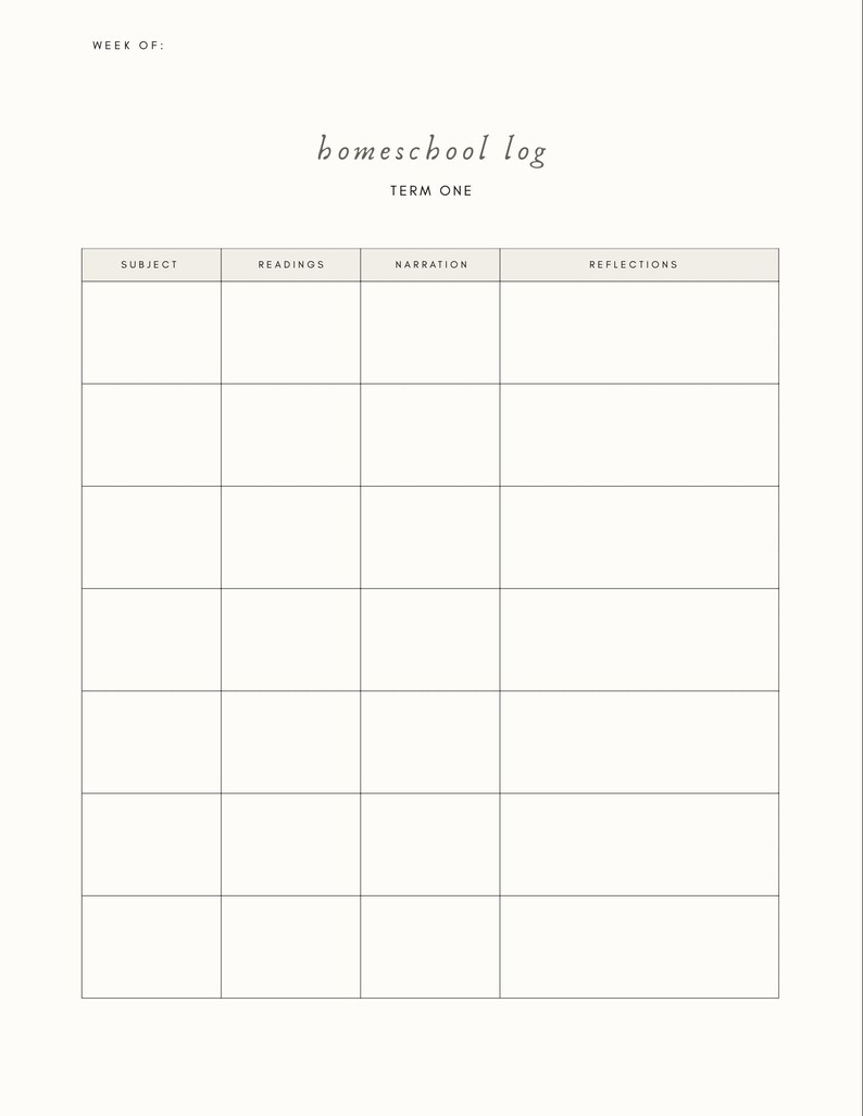 May include: A cream-colored homeschool log with a grid layout for weekly tracking. The title "homeschool log" is in a cursive font, with "Term One" below. Sections include Subject, Readings, Narration, and Reflections.