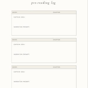 May include: A cream-colored pre-reading log with the title in cursive script. The log includes sections for book title, chapter, captain idea, and narration prompt. The layout is simple and organized, ideal for book lovers.
