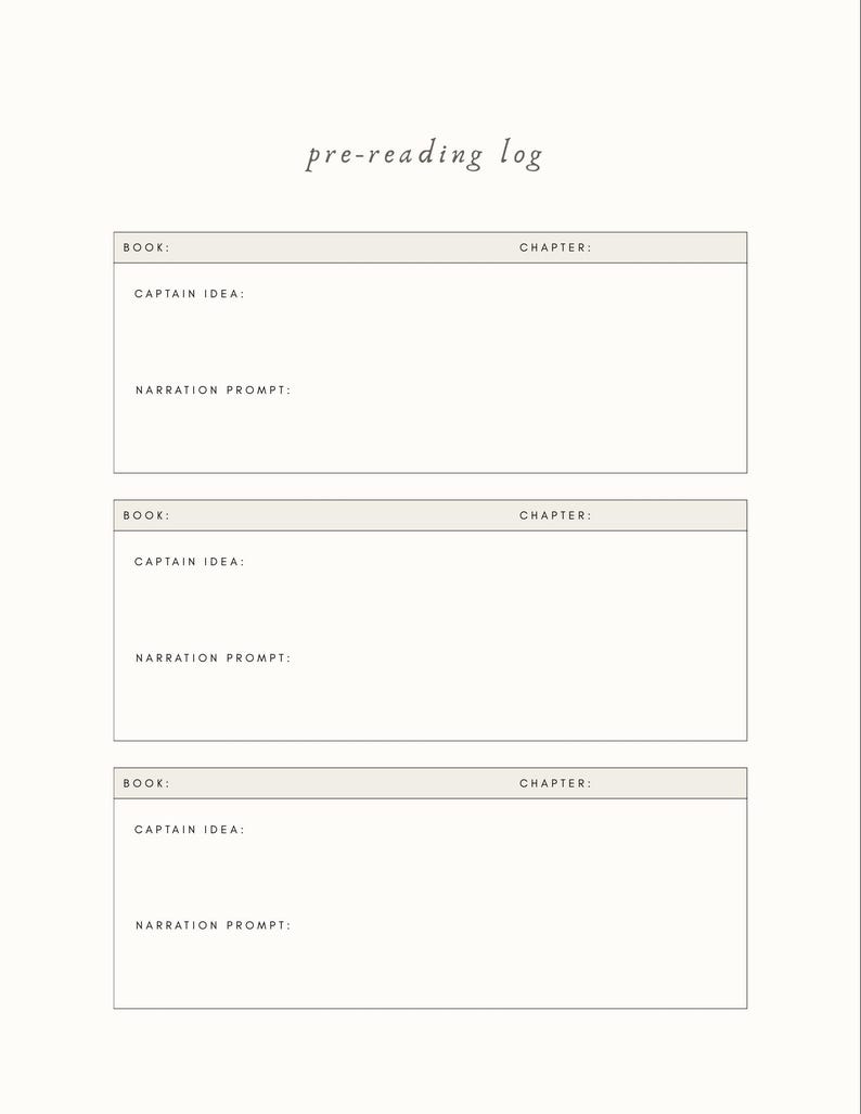 May include: A cream-colored pre-reading log with the title in cursive script. The log includes sections for book title, chapter, captain idea, and narration prompt. The layout is simple and organized, ideal for book lovers.