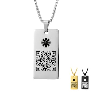 Peut inclure: Un collier pendentif rectangulaire argenté avec une chaîne. Le pendentif présente un symbole médical noir et un code QR. D'autres pendentifs en or et noir sont également présentés.