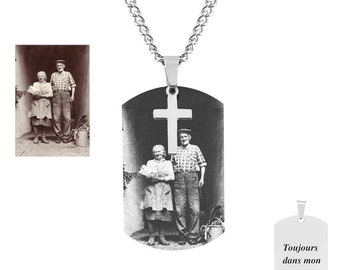 Collana con croce fotografica personalizzata, gioielli commemorativi, collana con targhetta incisa, collana con croce fotografica, collana commemorativa con foto