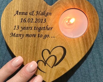 Personalized Heart Candle Holder, Engraved Wooden Tealight, Valentine's Gift