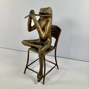 Frog Playing the Flute Seated Figurine Cast Metal Statues Art and Collectibles Home Accents and Living Decor Frogs Musician Music Gifts