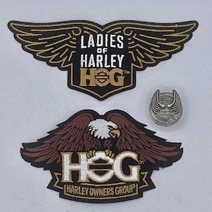 Vintage Harley-Davidson Ladies of H.O.G. & Harley Owners Group Patch Lot with 105th Anniversary Pin plus free bonus OCC Patch
