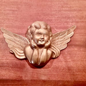 Brass Winged Angel Cherub Wall hanging vintage patina home office spiritual decor large solid metal decoration interior design garden gift