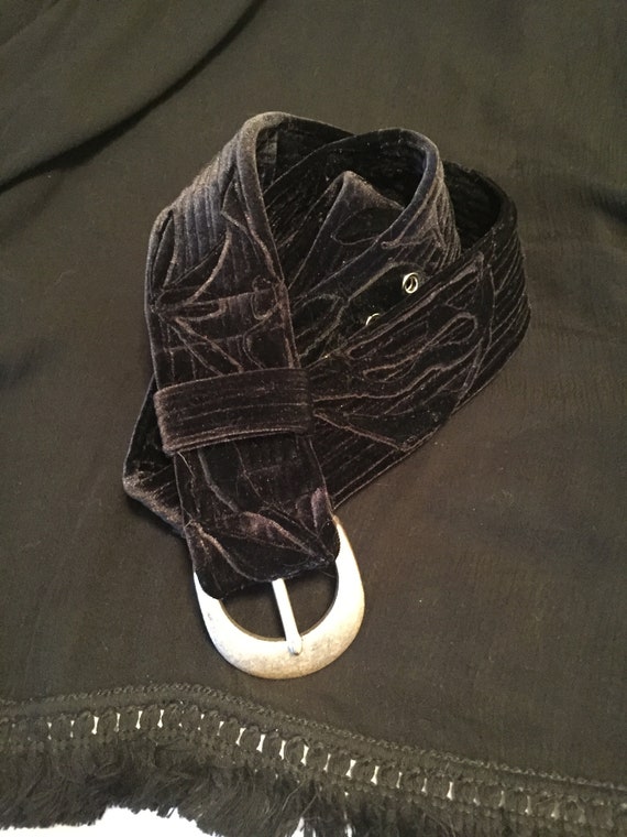 Velvet Fabric Belt, Long, Black on Black Velvet, Silver 