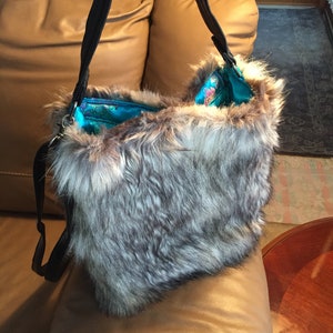 White and Brown Faux Fur Crossbody Bag, Birthday Gift, Festival bag, Upcycled gift, Boho gift, Clothing Gift!