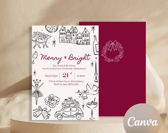 Invitación para fiesta navideña «Feliz y Brillante» / Plantilla editable para Canva (Descarga digital) dibujo lineal