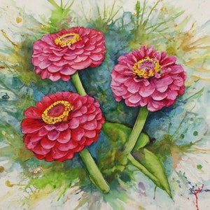 May include: A watercolor painting of three pink zinnia flowers with yellow centers. The flowers are painted on a white background with green leaves and splatters of blue and yellow paint.