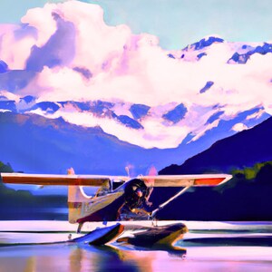 May include: A blue and white seaplane with a red stripe on the wing is parked on a body of water in front of a mountain range with a large white cloud in the sky.