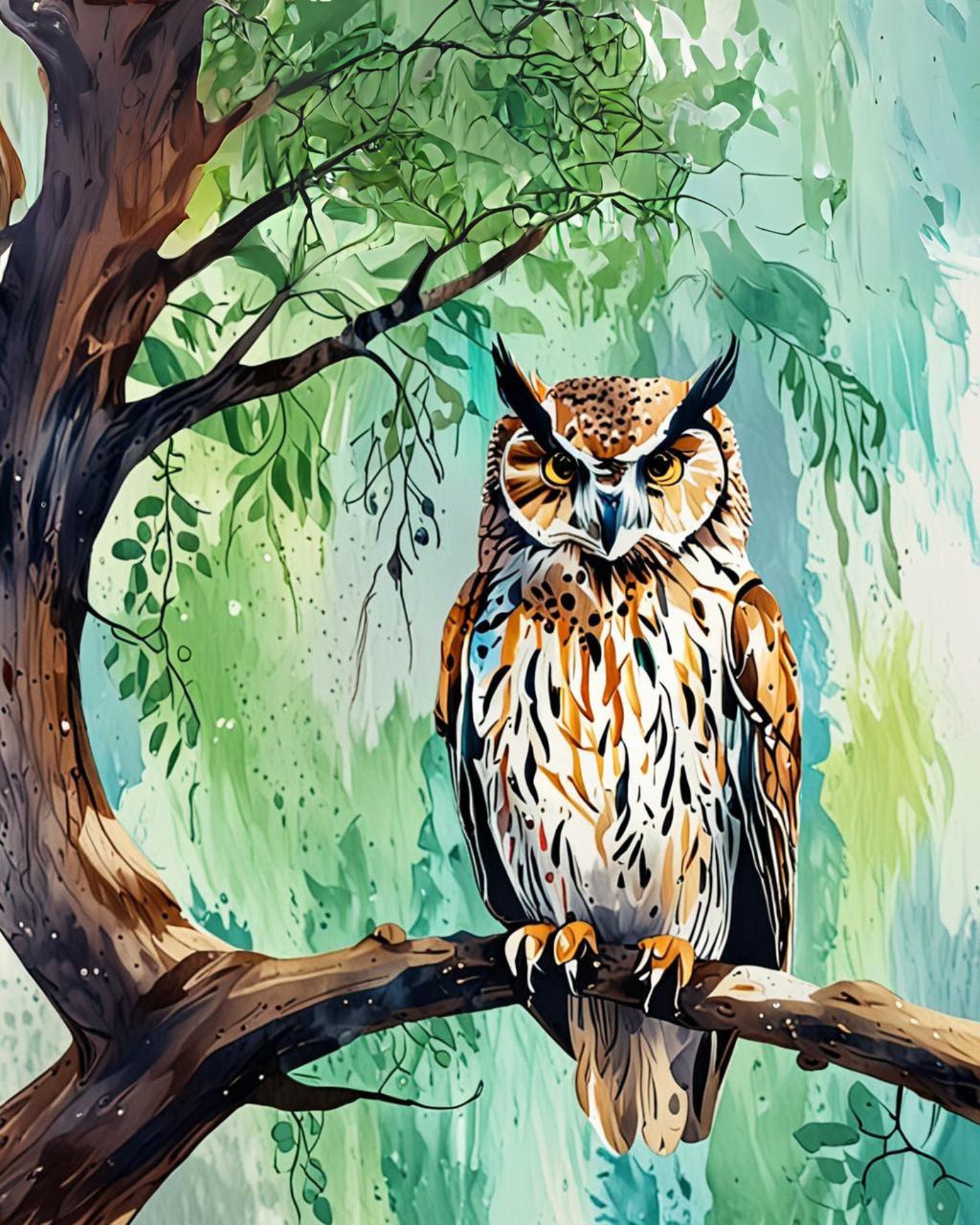 Tree Drawing Screech Owl on Tree Branch Watercolor Painting - Print Impressionist Barred ...