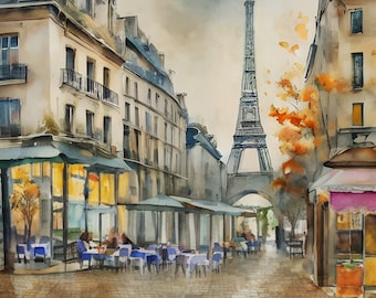 May include: Watercolor painting of a Parisian street scene featuring the Eiffel Tower in the background. Buildings line the cobblestone street, with outdoor cafes and tables with blue tablecloths. The artwork has a muted color palette.