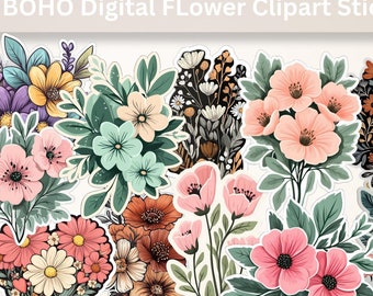 Boho Flower Clipart | Digital Floral Stickers for Journals & Scrapbooking