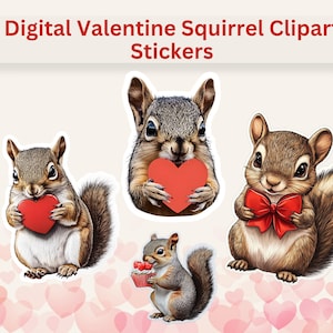 Valentine Squirrel Clipart Stickers - Cute & Realistic Digital Download - Valentine Squirrels Stickers for Crafts, Journals, Scrapbooking