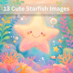 May include: A pink and yellow cartoon starfish with a smiling face is surrounded by coral, seaweed, and bubbles. The background is a light blue with sparkles.