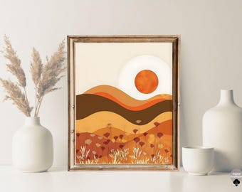 Mid-Century Abstract Wall Art | Retro Sun Landscape Print | Warm Modern Home Decor