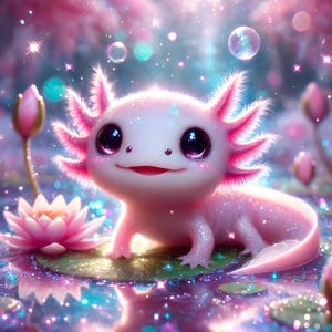 May include: A pink axolotl with large, sparkling eyes sits on a lily pad in a pond. The water is sparkling with glitter and there are bubbles floating in the air.