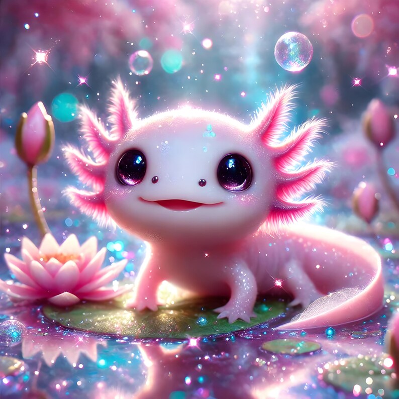 May include: A pink axolotl with large, sparkling eyes sits on a lily pad in a pond. The water is sparkling with glitter and there are bubbles floating in the air.