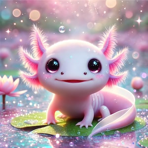 May include: A pink axolotl with large, dark eyes sits on a green lily pad in a sparkling pond. The axolotl has a wide, toothy smile and a fluffy pink tail.