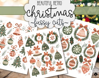 Puede incluir: Tres hojas de recortes navideños con varios diseños. Los diseños incluyen adornos, campanas, coronas y árboles de Navidad en tonos verdes, rojos y crema. El texto "BEAUTIFUL RETRO christmas fussy cuts" está en la parte superior.