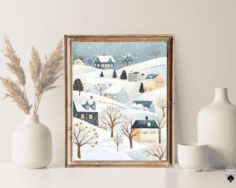 Scandinavian Winter Wall Art | Snowy Village Print | Cozy Nordic Christmas Decor