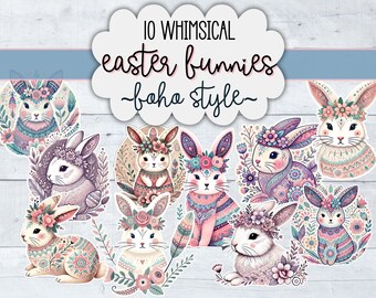 Boho Easter Bunny Fussy Cuts Printable, Spring Junk Journal Ephemera, Scrapbook Collage Kit