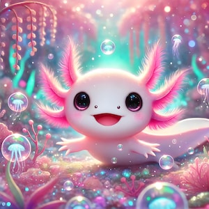 May include: A pink and white axolotl with a big smile, surrounded by colorful bubbles and a sparkly pink background.