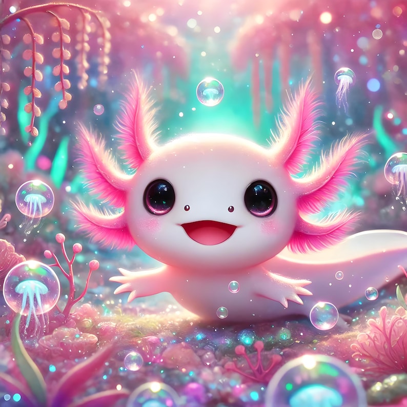 May include: A pink and white axolotl with a big smile, surrounded by colorful bubbles and a sparkly pink background.