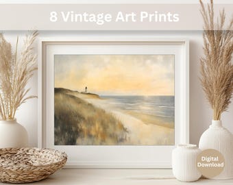 Coastal Wall Art Set of 8 | Vintage Ocean Prints | Neutral Beach Landscape Decor (Digital Download)