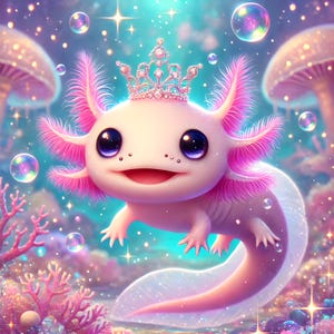 May include: A pink axolotl with a sparkly crown, wearing a whimsical expression, surrounded by bubbles and glowing lights. The axolotl is in a magical underwater setting with coral and mushrooms.