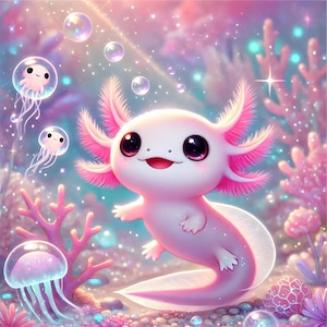 May include: A pink axolotl with large eyes and a happy expression swims in a whimsical underwater scene.  The axolotl is surrounded by pink and blue coral, jellyfish, and bubbles.