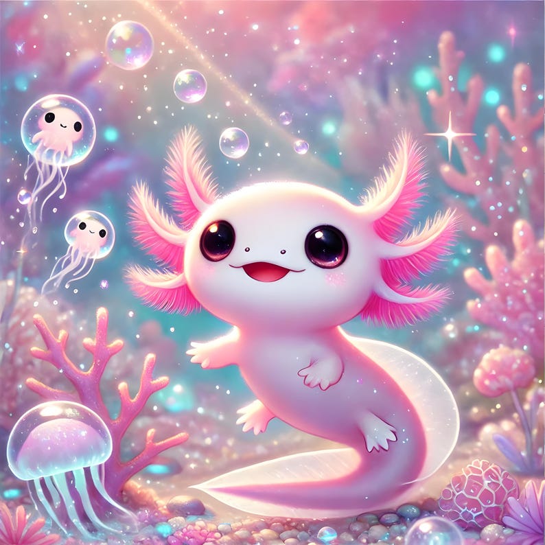 May include: A pink axolotl with large eyes and a happy expression swims in a whimsical underwater scene.  The axolotl is surrounded by pink and blue coral, jellyfish, and bubbles.