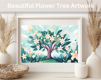 Tree of Life Art | Pink Flower Digital Painting for Nature-Inspired Home Decor