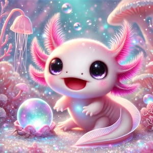 May include: A pink axolotl with large, sparkling eyes sits in a whimsical, iridescent setting. The axolotl is smiling and has a pink, feathery tail. The background features a pink mushroom, a jellyfish, and a glowing orb.