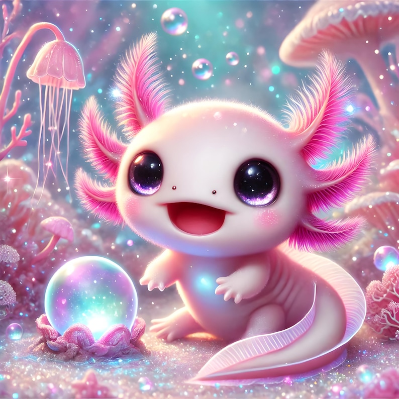 May include: A pink axolotl with large, sparkling eyes sits in a whimsical, iridescent setting. The axolotl is smiling and has a pink, feathery tail. The background features a pink mushroom, a jellyfish, and a glowing orb.