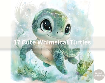 Watercolor Sea Turtle Clipart Cute Sea Turtles Printable Whimsical Turtle Art Ocean Animal Digital Download Marine Life Cute Sea Turtles
