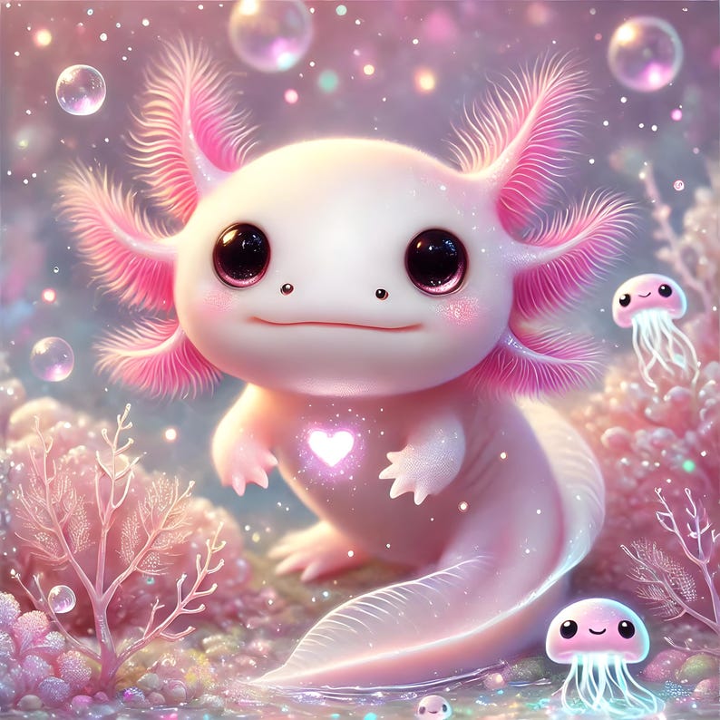 May include: A pink and white axolotl with large, black eyes and a glowing heart on its chest. The axolotl is surrounded by pink coral and bubbles.