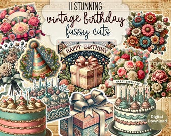 Vintage Birthday Fussy Cuts Printable, Junk Journal Ephemera, Scrapbook Embellishments, Retro Party Collage Sheets, Digital Download