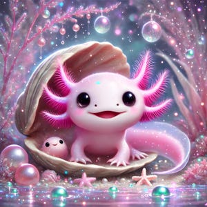 May include: A pink axolotl with feathery gills sits inside a pearly white seashell. The axolotl is smiling and has large, dark eyes. The seashell is surrounded by iridescent pearls and starfish on a shimmering, pink and blue background.
