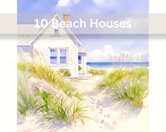 Beach House Clipart | Coastal Cottage Watercolor Art for Junk Journals & Scrapbooking
