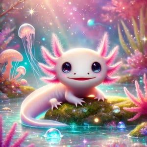 May include: A pink and white axolotl with blue eyes sits on a mossy rock in a magical forest setting. The axolotl is surrounded by glowing bubbles and stars.
