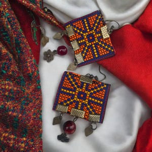 Embroidered Earrings, Ethnic Needlework Fabric Dangles