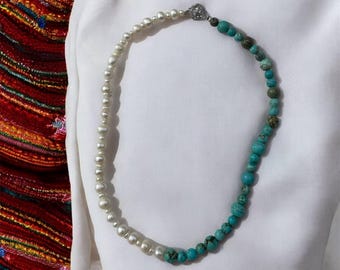 Natural Turquoise & Pearl Necklace / Choker | Beaded |vintage | Handmade | hippie BOHEMIAN style  White Freshwater Pearl | Gift for her