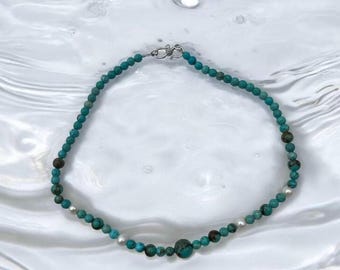 Turkish handmade necklace | Turquoise and fresh water Pearl Necklace | Handmade with Magnetic Clasp | hippie necklace | BOHEMIAN style