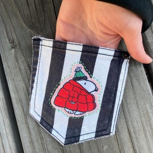 upcycled Parka Snoopy patch pocket: hand embroidered denim applique