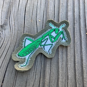 May include: A green praying mantis patch with a white background and olive green border. The insect is detailed with green lines and is on a weathered wooden surface.