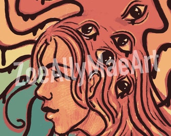 Handgemaakte digitale kleurrijke jaren 70 psychedelische posterkunstprint